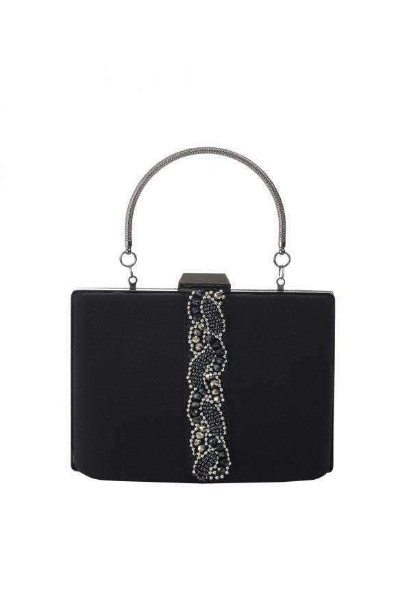 structured handbag  Klara evening bag with intricate beaded embellishment and metallic handle, perfect for elegant occasions.