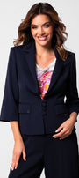 Woman wearing a tailored blazer fitted navy Alexa blazer with sharp lapel collar and five-button front closure over a floral blouse