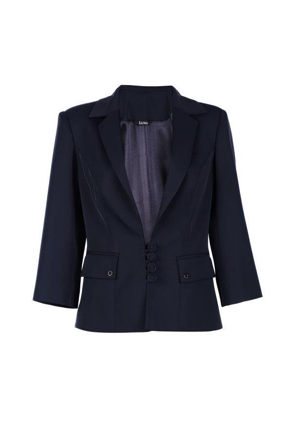 Navy fitted tailored blazer Alexa blazer with sharp lapel collar, five-button front, and tailored ¾ sleeves for modern power dressing.