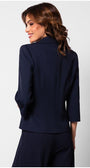 Woman wearing a navy tailored blazer Alexa blazer with a fitted silhouette and three-quarter sleeves, shown from the back.