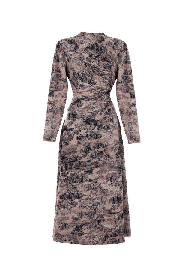 Flat lay of taupe abstract midi dress with roached waist and long sleeves. Luna Fashion House