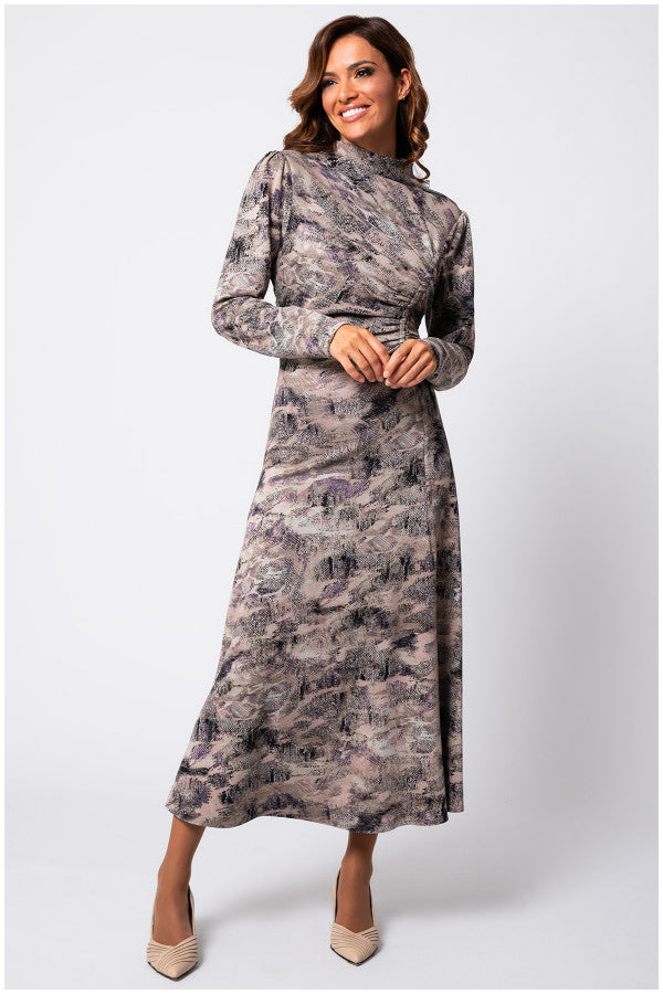Front view of Mila Draped Midi Dress in Abstract Taupe showing high neckline and soft drape. Luna Fashion House