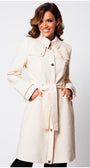 Front view of Rea Jacquard Trench Coat in Beige with waist belt and button closure. Luna Fashion House