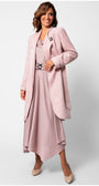 Woman wearing a pink coat over a dress on a white background Luna Fashion House