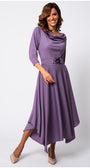 Woman wearing a purple dress with a belt on a white background Luna Fashion House