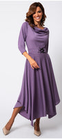 Woman wearing a purple dress with a belt on a white background Luna Fashion House