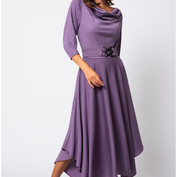 Woman wearing a purple dress with a belt on a white background Luna Fashion House