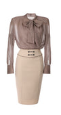 Brown blouse with a bow and beige skirt on a white background  Luna Fashion House