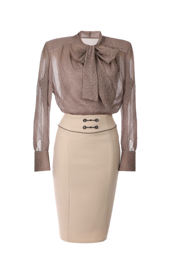 Brown blouse with a bow and beige skirt on a white background  Luna Fashion House