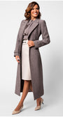 Woman wearing a long gray coat over a white dress on a light gray background  Luna Fashion House