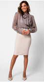 Woman wearing a gray blouse with a bow and a beige skirt on a white  background Luna Fashion House