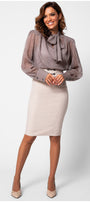 Woman wearing a gray blouse with a bow and a beige skirt on a white  background Luna Fashion House