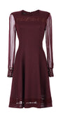 Maroon dress with sheer long sleeves on a white background Luna Fashion House