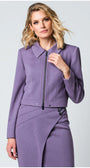 Woman wearing a purple outfit with a jacket and skirt on a light gray background Luna Fashion House