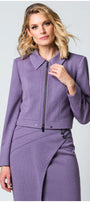 Woman wearing a purple outfit with a jacket and skirt on a light gray background Luna Fashion House