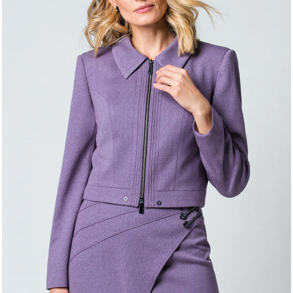 Woman wearing a purple outfit with a jacket and skirt on a light gray background Luna Fashion House