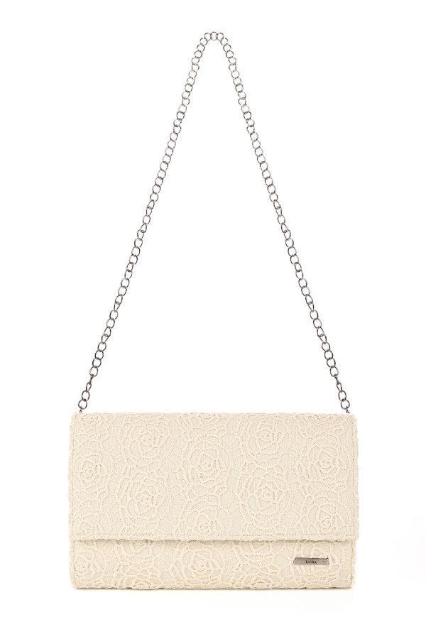 ivory lace evening clutch bag Jody with floral lace overlay and removable chain strap for versatile evening wear