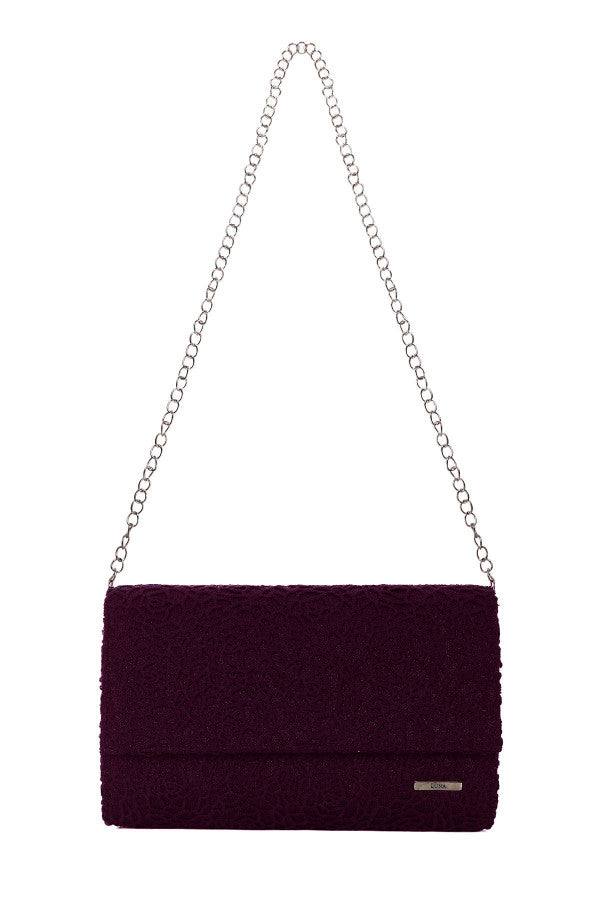 Bordeaux lace clutch bag with floral lace overlay and silver chain strap, perfect for elegant evening occasions.