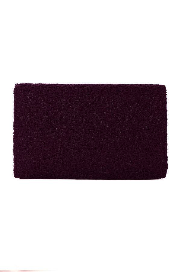 Bordeaux lace clutch bag with floral lace overlay and structured shape, perfect for elegant evening occasions.
