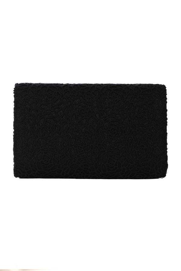 Black clutch bag with floral lace overlay, rectangular shape, elegant and versatile for evening occasions.