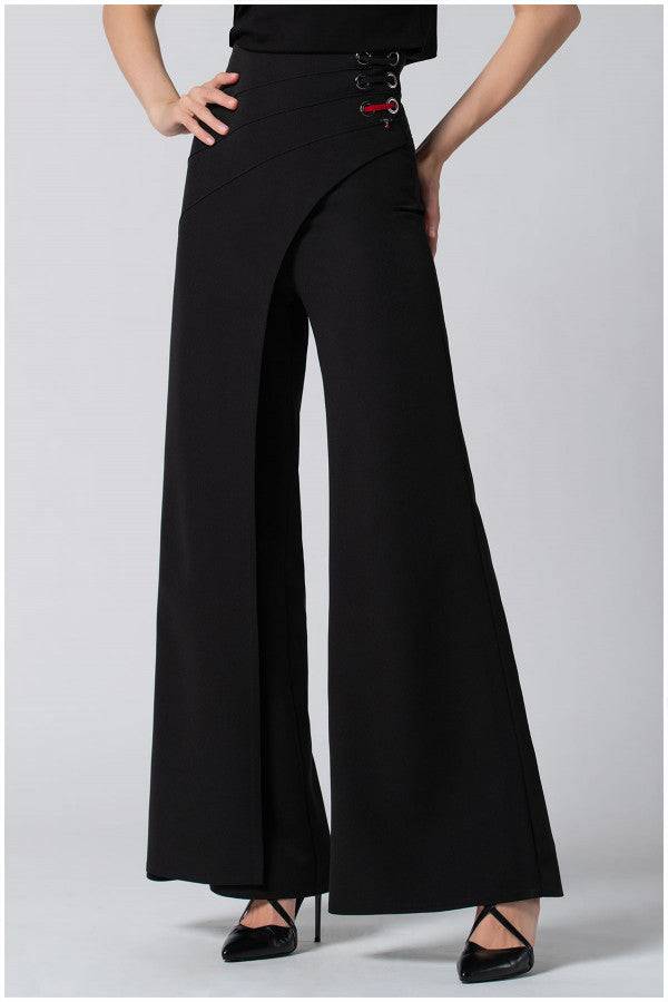 High-waisted tailored wide leg pants black pants with wrap-effect waistband and lace-up detail, featuring wide-leg silhouette for elegant movement.