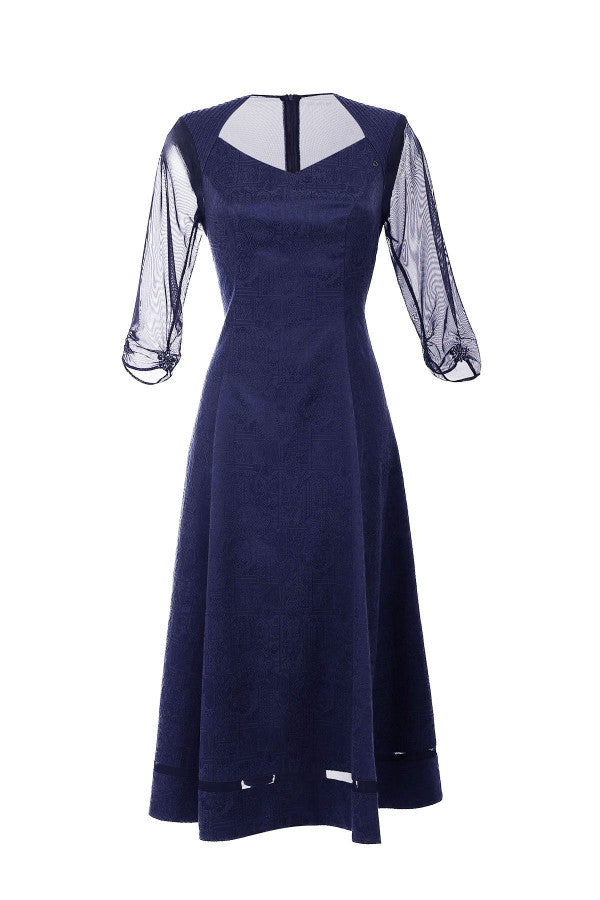Navy blue dress with sheer sleeves on a white background Luna Fashion House