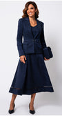 Woman wearing a navy blue suit with a white background Luna Fashion House