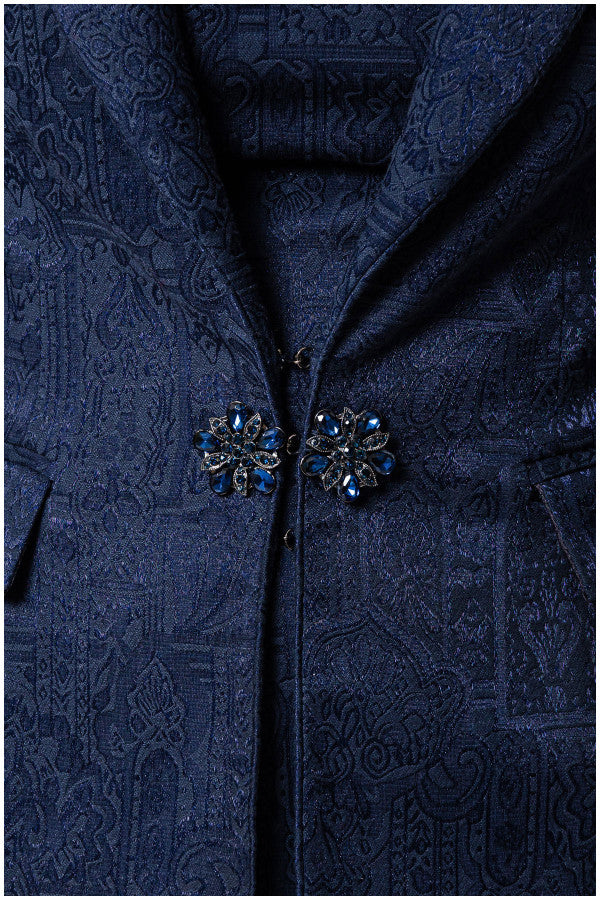 Navy blue patterned fabric with decorative buttons Luna Fashion House