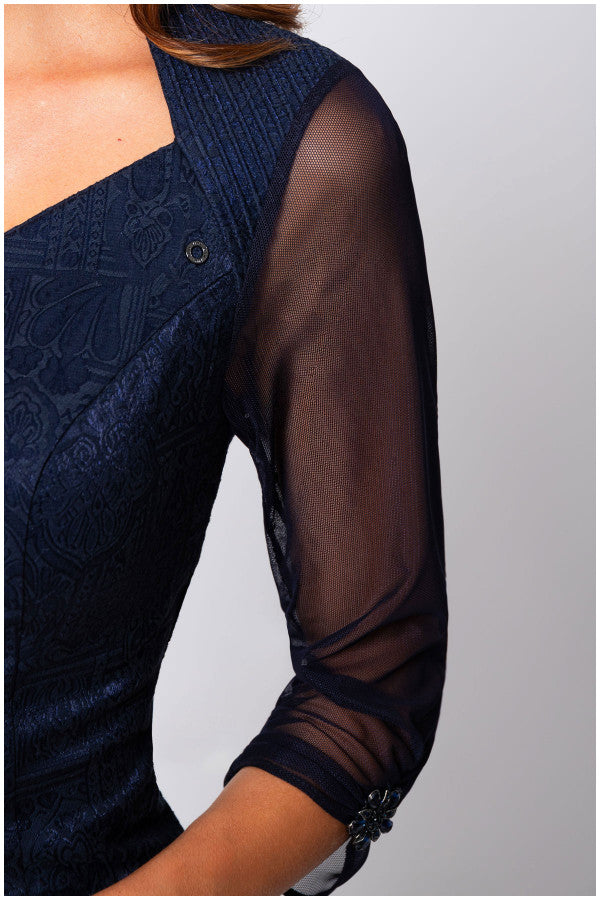 Navy blue dress with sheer sleeves on a plain background Luna Fashion House