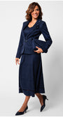 Woman wearing a navy blue suit on a white background