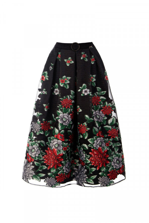 Black skirt with red and green floral embroidery on a white background Luna Fashion House