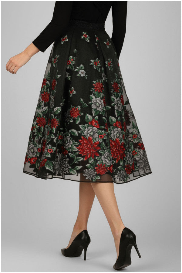 Black floral skirt with red and green flowers on a gray background Luna Fashion House