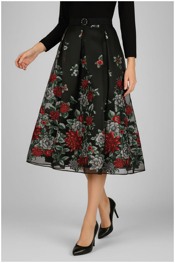 Black floral skirt with red flowers on a gray background Luna Fashion House
