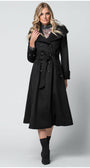 Woman wearing a black Luna Fashion House coat on a white background