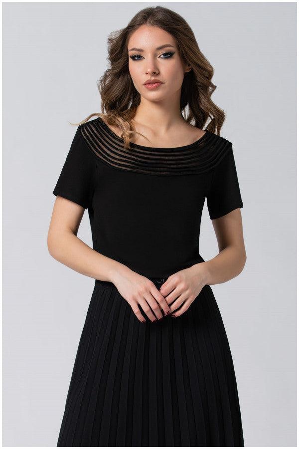 Black Lola business Top with pleated neckline and short sleeves on female model