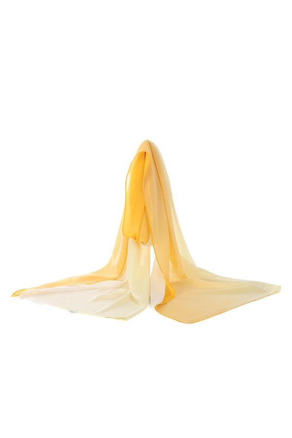 Lightweight flowing yellow scarf in ombre yellow, fading from bright to soft tones, elegant and perfect for layering.