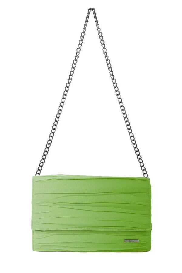 Vibrant green evening clutch bag with textured folds and removable chain strap for versatile, elegant styling.