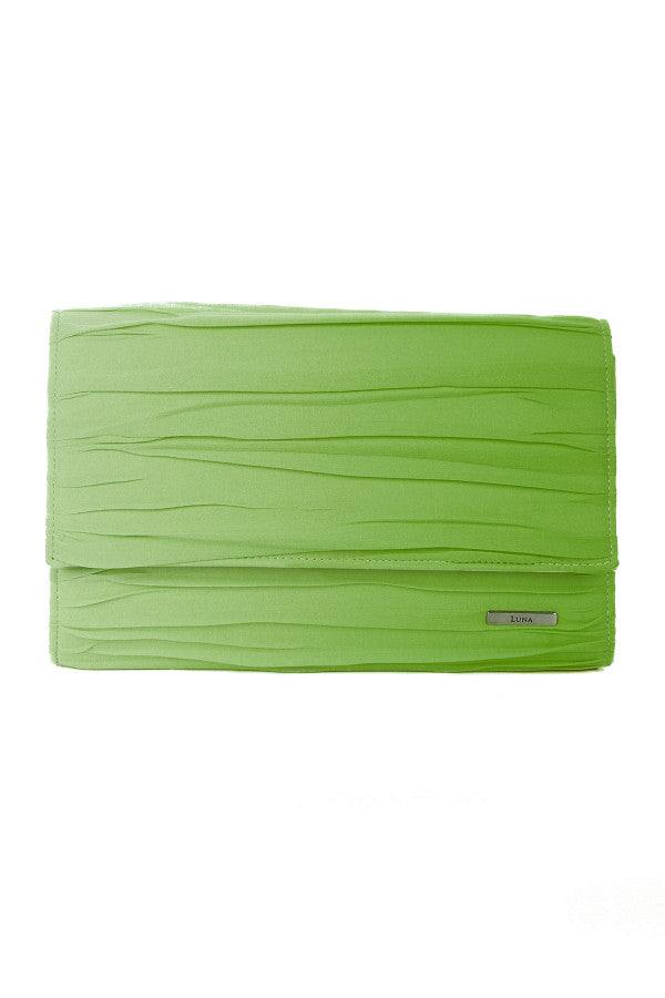 Vibrant green evening clutch bag with textured folds and a sleek, structured silhouette by Luna Fashion House.