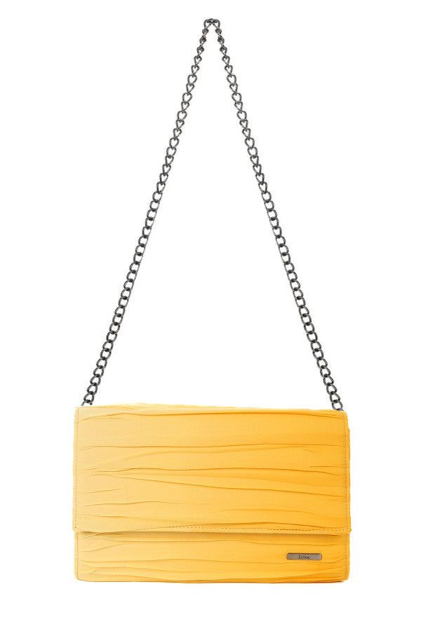 Ombre yellow evening clutch bag with textured folds and a silver chain strap, elegant envelope design for versatile wear.