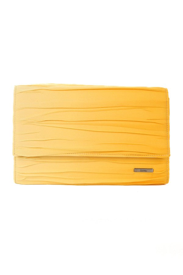 Ombre yellow evening clutch bag with textured folds and structured envelope design, elegant and versatile accessory.