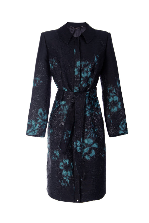 Black coat with blue floral pattern on a white background Luna Fashion House design