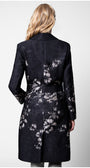 Black floral patterned coat worn by a person on a white background  Luna Fashion House design