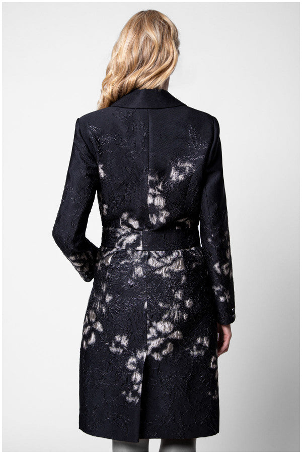 Black floral patterned coat worn by a person on a white background  Luna Fashion House design