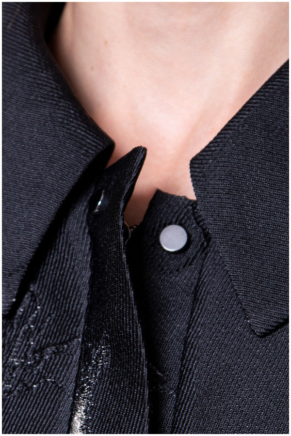 Close-up of a blackcoat with a button  Luna Fashion House design