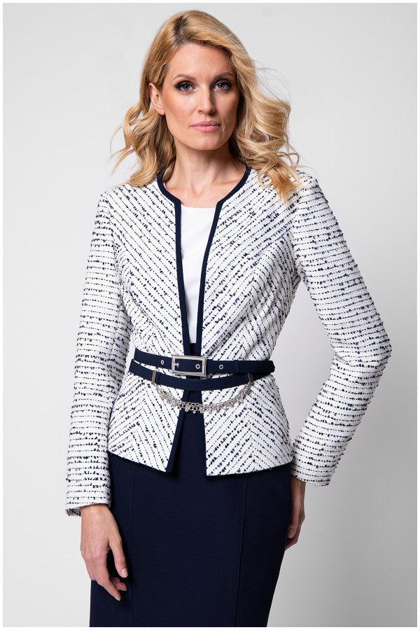 Model wearing white tweed blazer with navy piping and slim belt front view