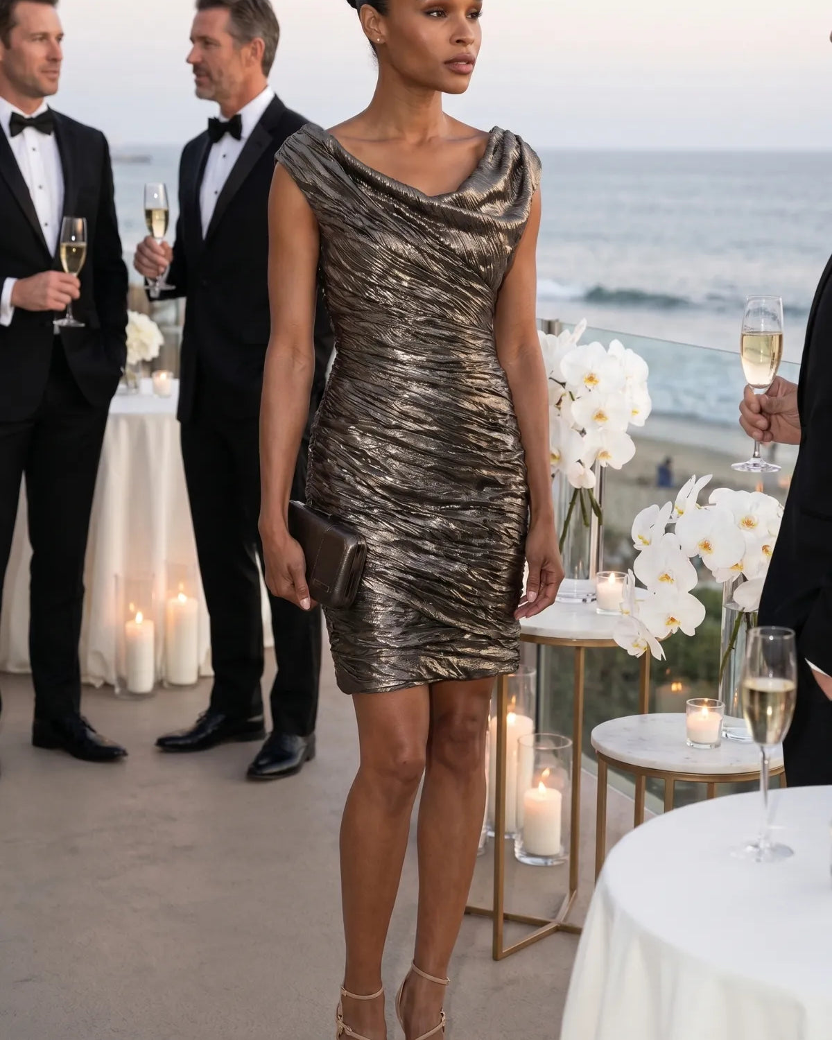 Gold Short Metallic Dress, Laura by Luna Fashion House, handcrafted in Europe, styled for the occasion