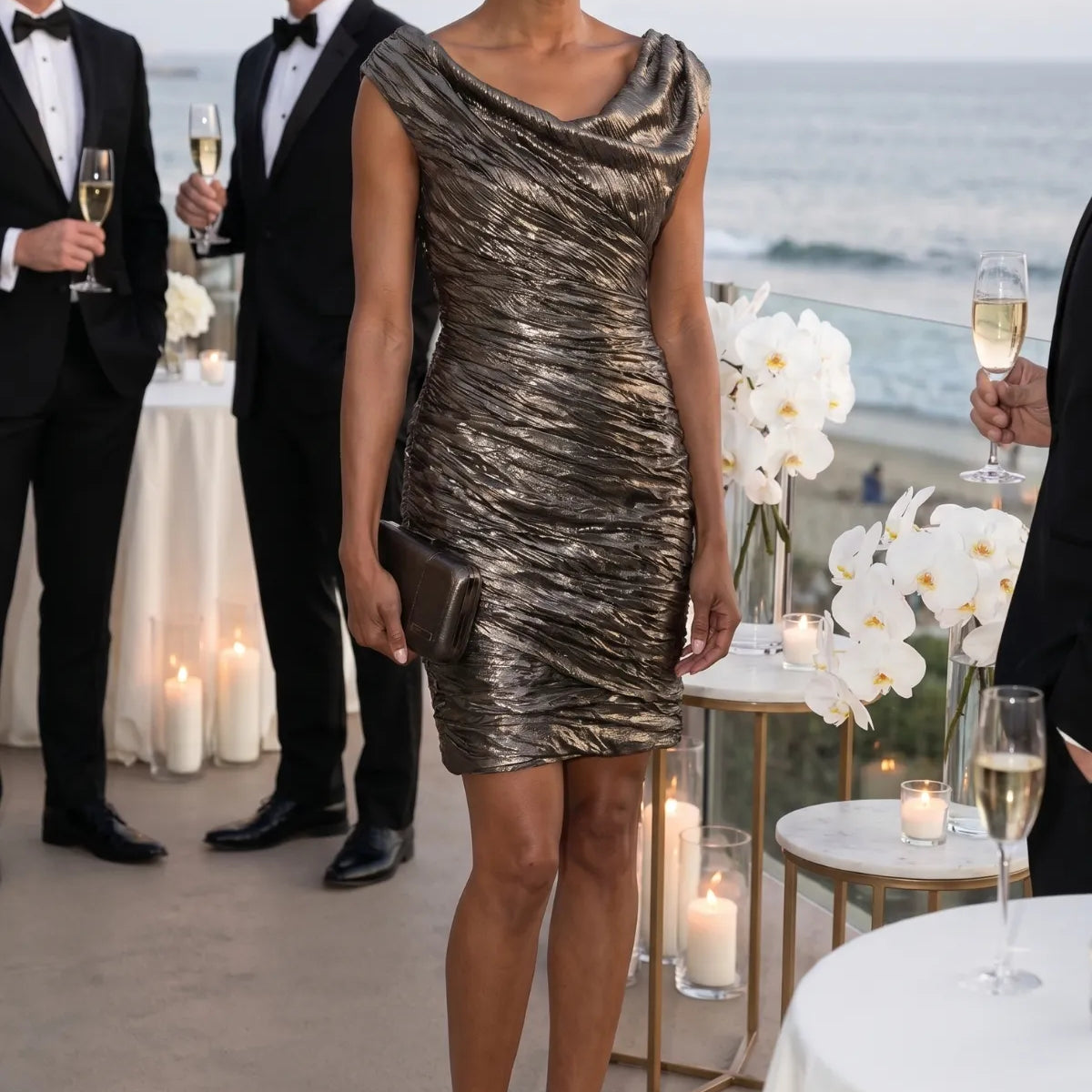 A woman wearing the Luna Laura Short Metallic Dress In Gold