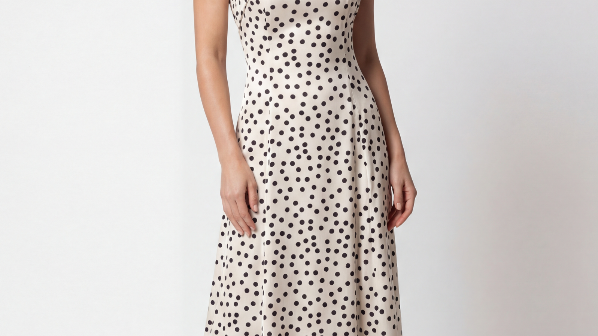 White satin strapless midi dress with black polka dots, corset bodice, A-line skirt, worn with the strap around the neck