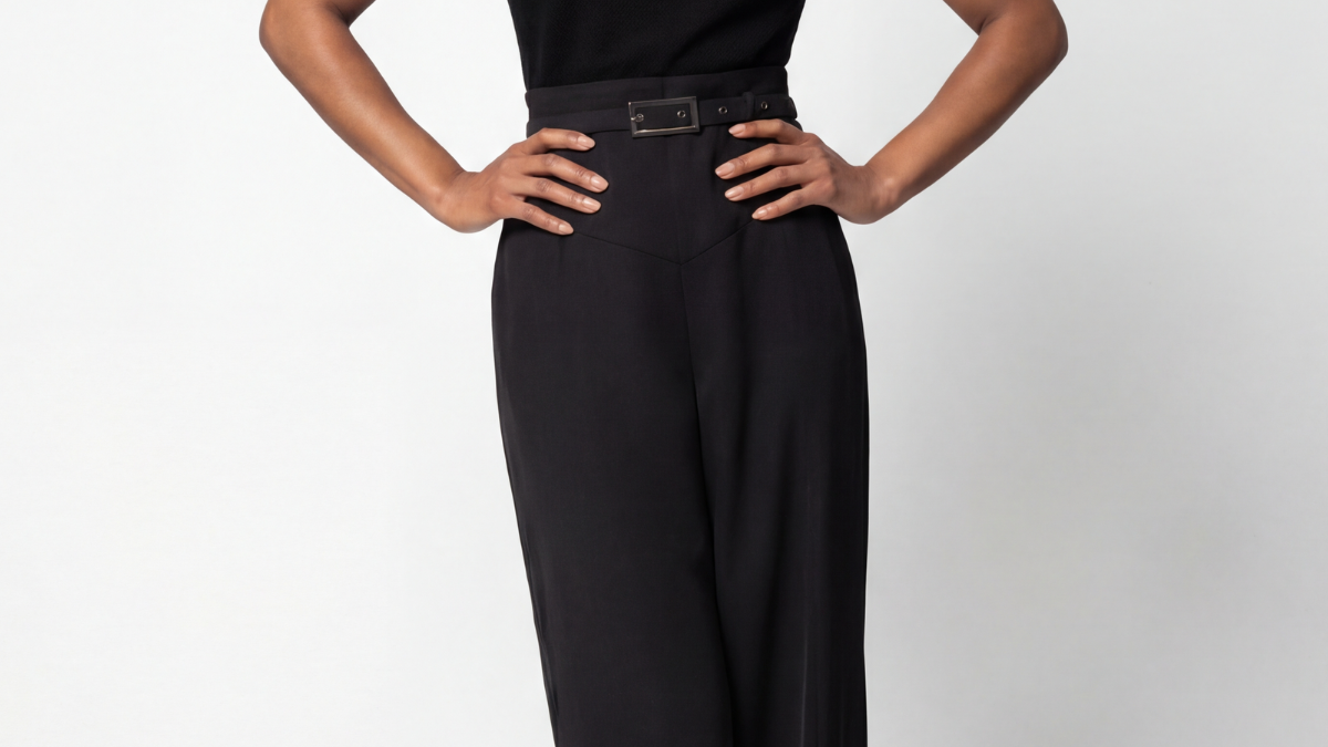Black wide-leg lace jumpsuit with belted waist styled for a cocktail event against a neutral background