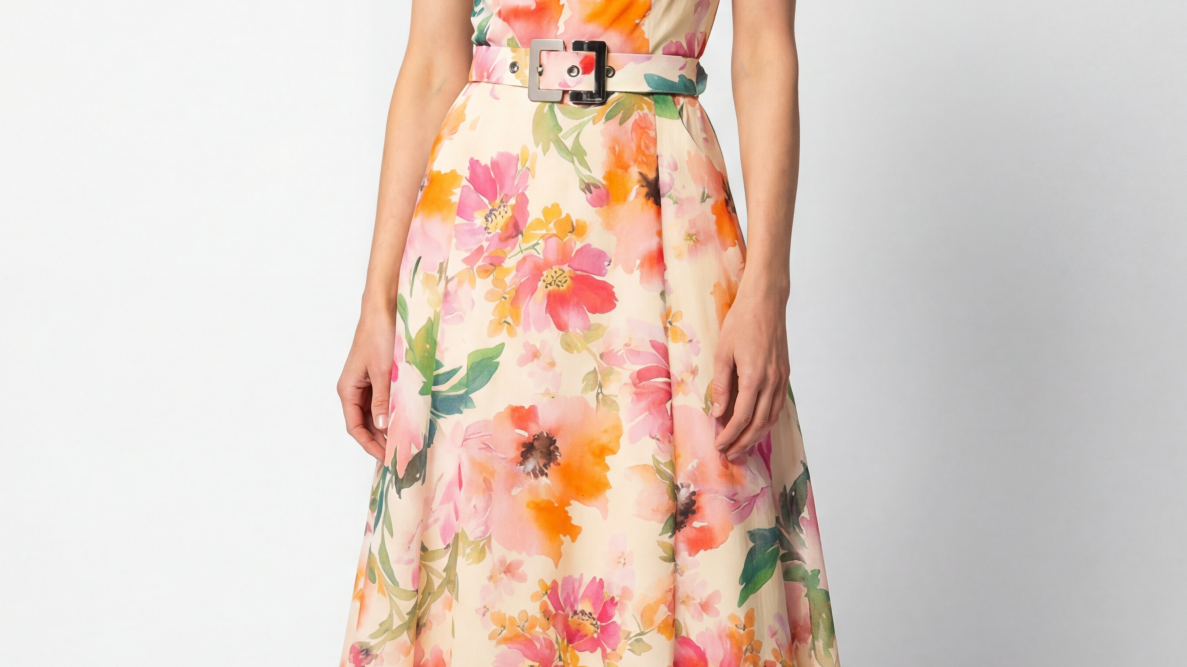 Floor length beige floral lace gown with cap sleeves and fitted bodice on a woman at a formal vow renewal ceremony